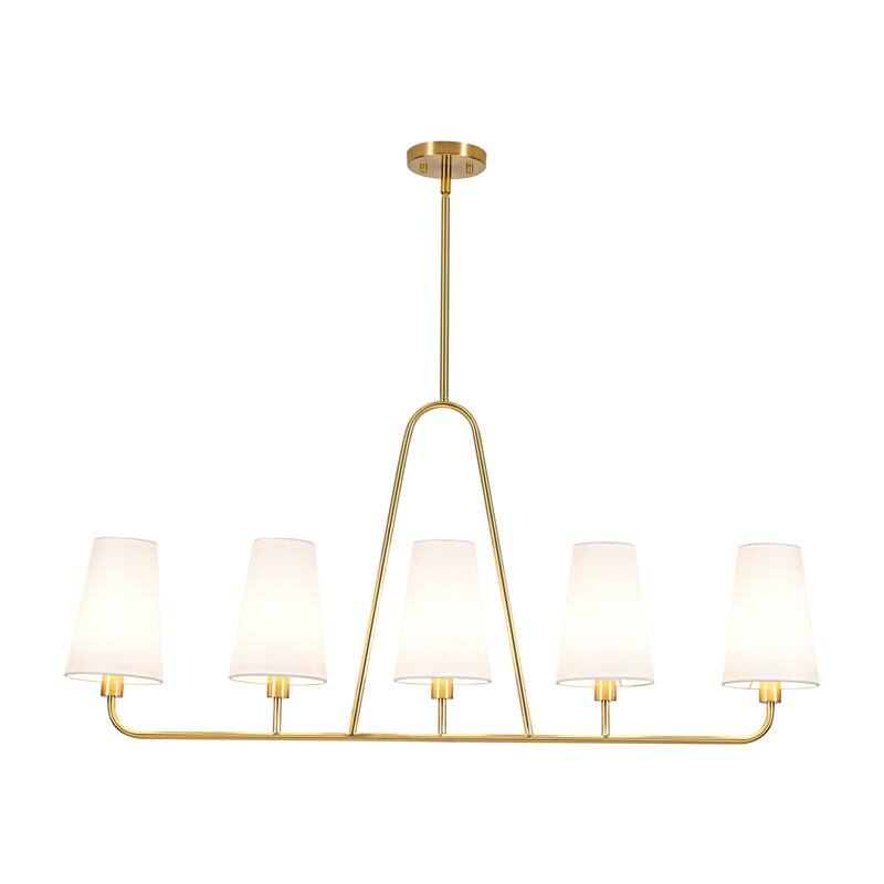 5-Light Mid-Century Modern Linear Pendant Light in Brass Finish White TC Fabric Shade for Dining Room and Kitchen Island