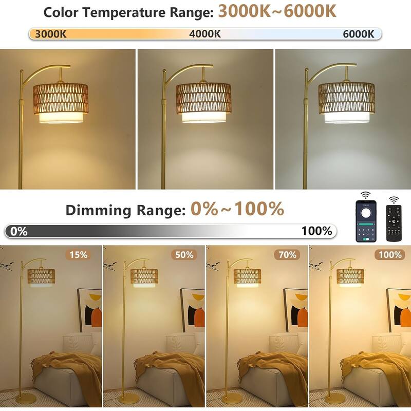 Gold Arc Floor Lamps with Remote & Dimmable LED Bulb, 3 Color Temperatures, Rattan & Fabric Shades, Adjustable Tall Lamp