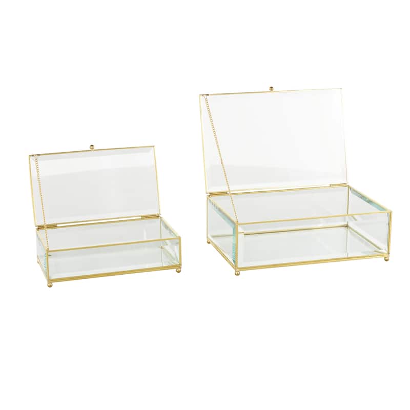 Glass Beveled Decorative Jewelry Box with Gold Metal Frame and Chain Accent - Set of 2 Clear - Roche River Decor