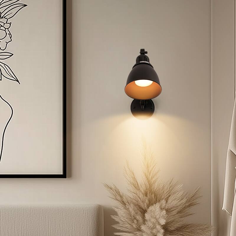 Black & Gold Wall Sconces Set of 2 with Swing Arm, Cone Shade, E26 Rechargeable Light, Remote Control - 6.1*6.1*8.66