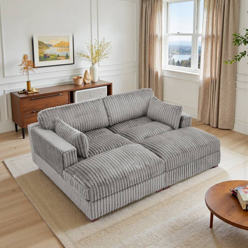 Modern Modular Flannel Fabric Upholstered Sectional Sofa with Square Arm - Light Grey