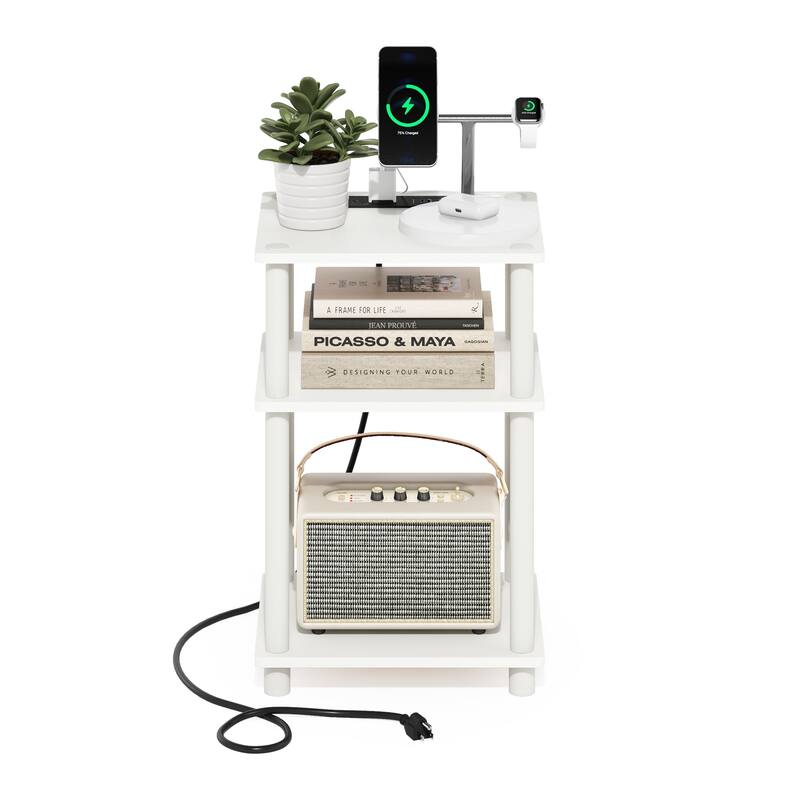 Furinno Just 3-Tier Open Storage End Table with USB and Type-C Charging Station