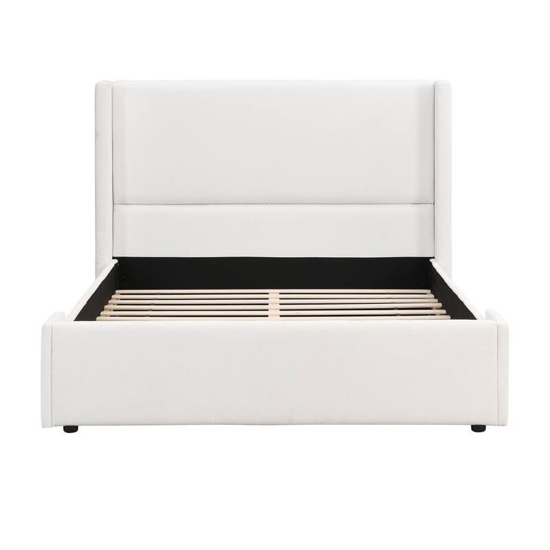 Roomfitters Wingback Upholstered Bed with Tall Headboard, White Fabric, Modern Design