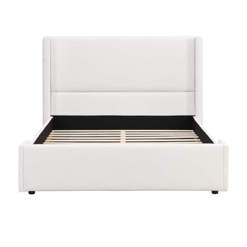 White Upholstered Platform Bed Frame with 49.6" Tall Wingback Headboard for Bedroom, Wood Slats Support, No Box Spring Needed