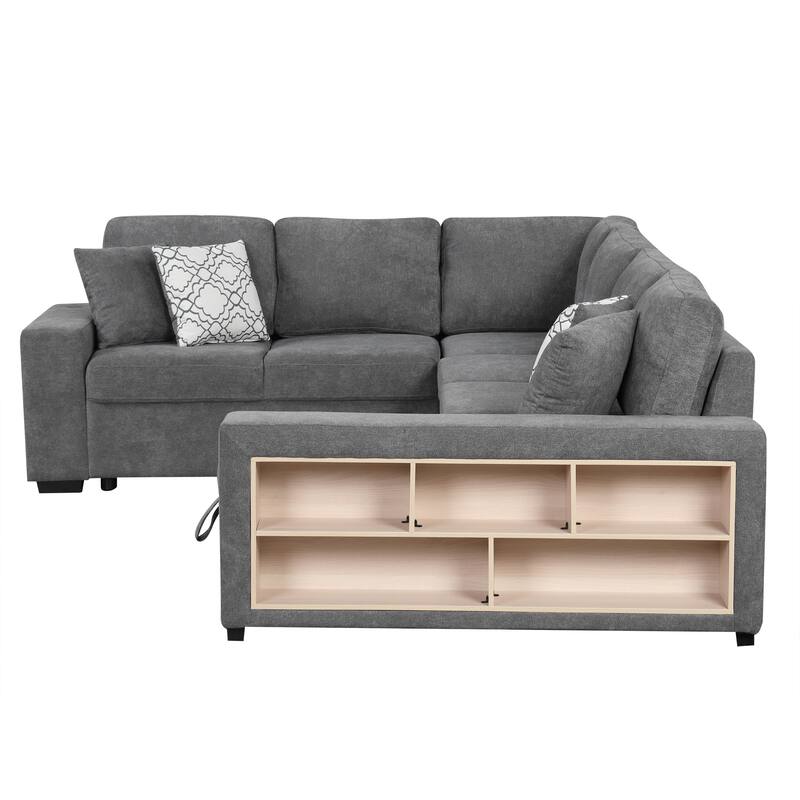 Roomfitters U-Shaped Sectional Sofa with Pull-Out Bed, Two USB Ports, Storage Chaise Lounge, and Four Back Pillows