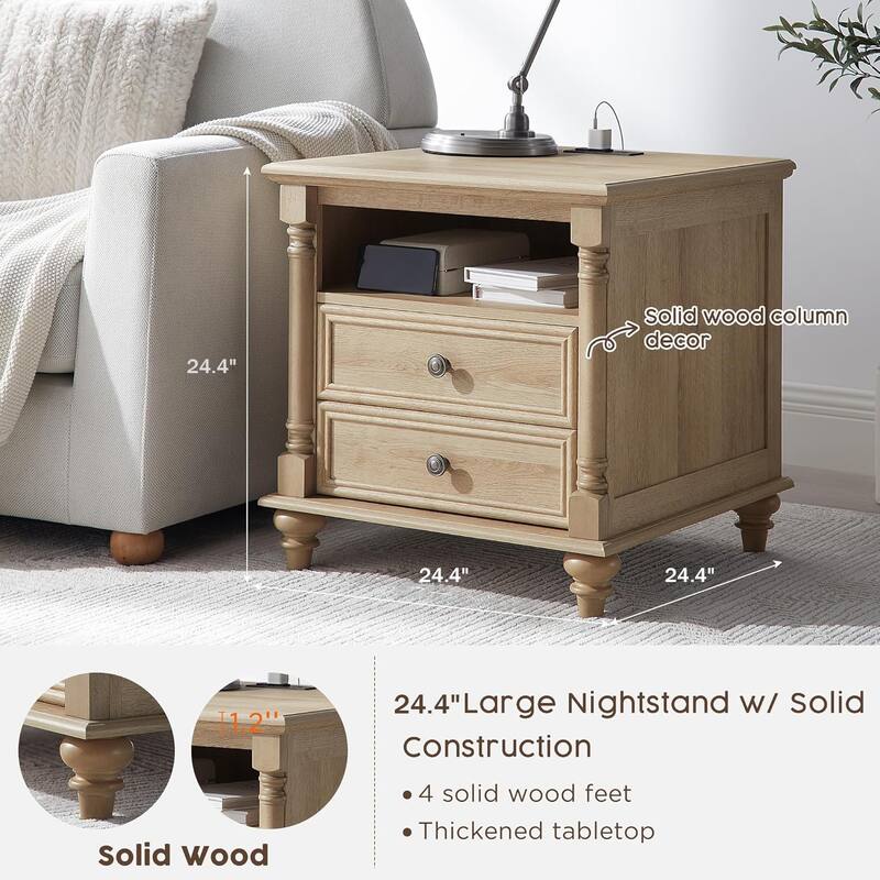 Farmhouse Nightstand Set of 2 with Solid Wood Feet, Charging Station