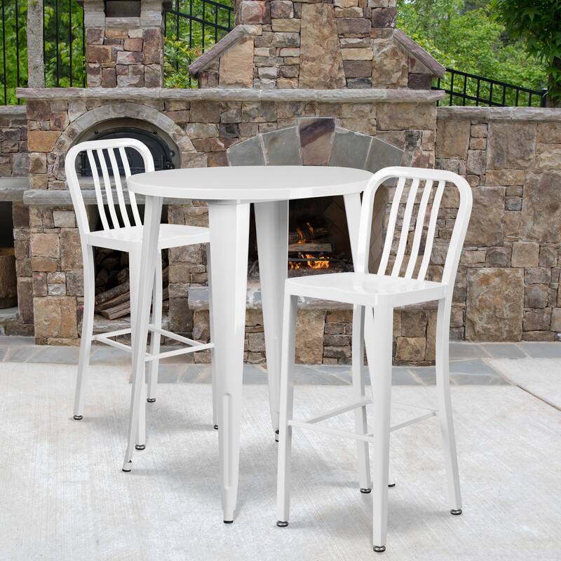 30'' Round Metal Indoor-Outdoor Bar Table Set with 2 Vertical Slat Back Stools - 30"W x 30"D x 41"H - White