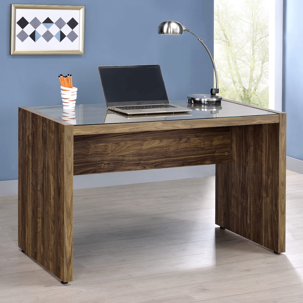 Modern Aged Walnut Finish Home Office Desk With Glass Top Cover