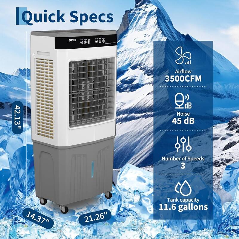 11.6 Gal 3500 CFM Portable Cooling Fan, Evaporative Air Cooler with Touch Screen, Remote for Bedroom, Home, Office