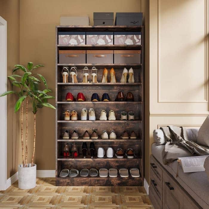 Rustic Brown Wood 8-Tier Shoe Cabinet with Adjustable Shelves - 11.81"D x 31.49"W x 70.86"H