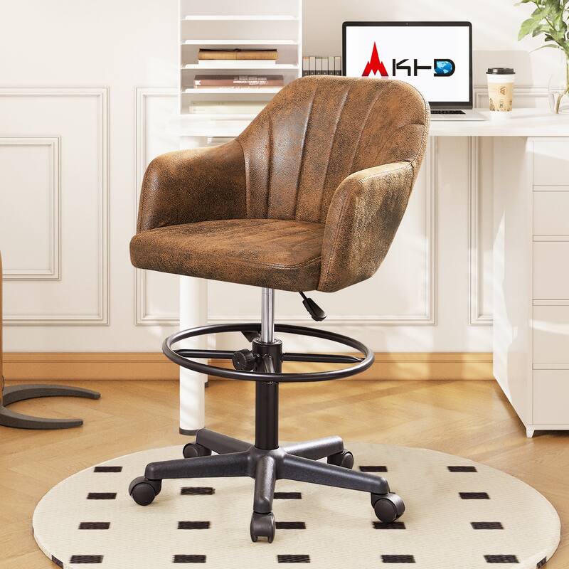 VECELO Brown PU Leather Adjustable Height Office Chair with Vertical Stripes 380lb Capacity 360° Swivel Office Chair