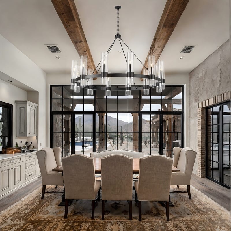 Black Wagon Wheel Chandelier with Glass Shades Adjustable Farmhouse Pendant Light for High Ceilings