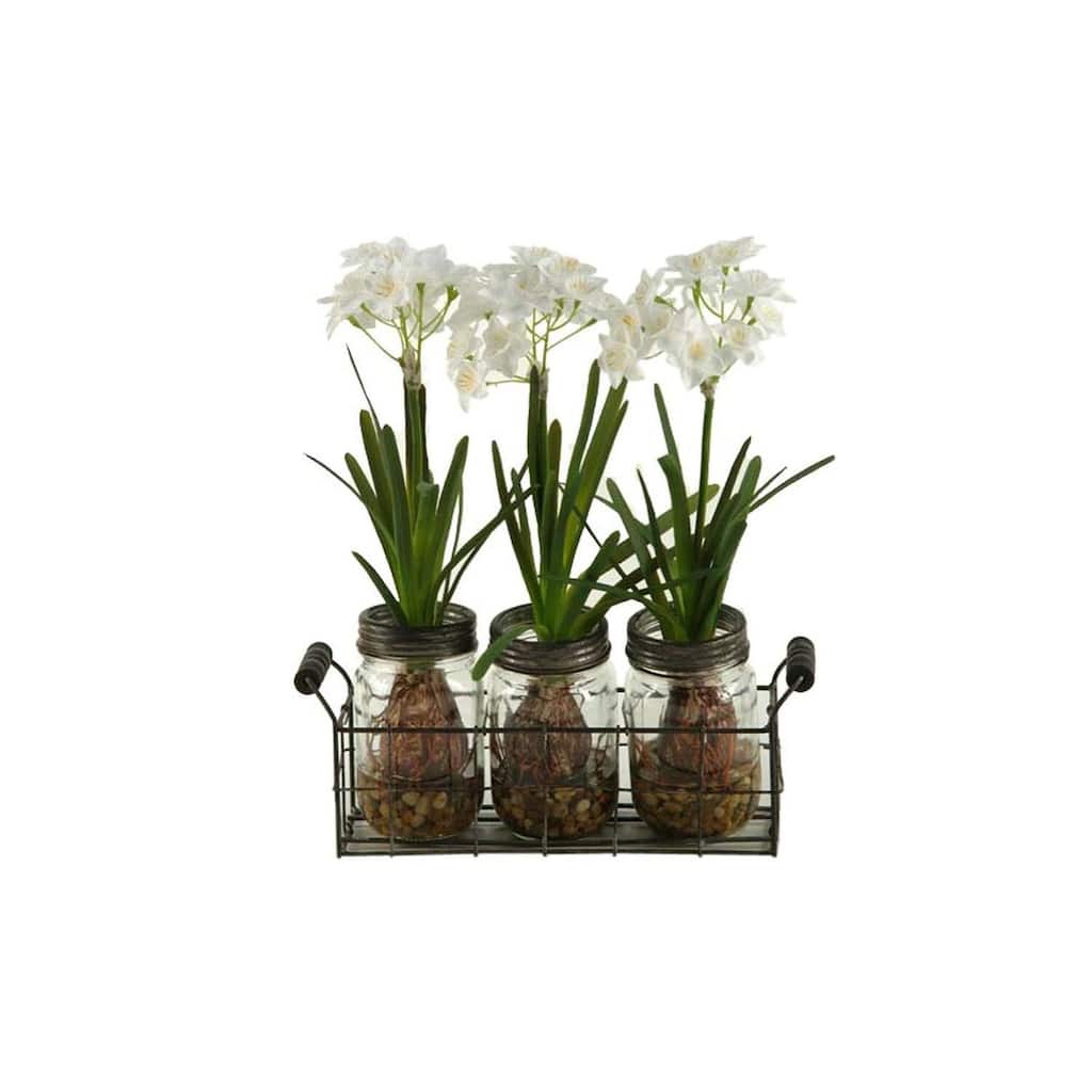 HomeStock Paper Whites in Glass Jars in Metal Holder - Vintage Faux Floral Set for Charming Décor - 14
