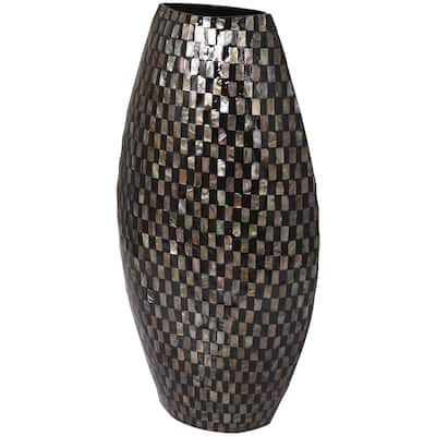 Mother of Pearl Shell Handmade Geometric Mosaic Inspired Thin Decorative Vase - Black - Roche River Decor