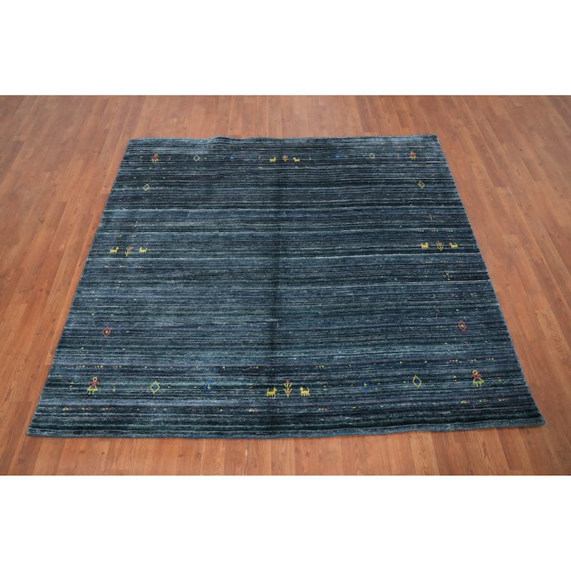 Hand Knotted Oriental Viscose Silk Carpet Tribal Animal Pictorial Navy Blue & Blues Gabbeh Area Rug - 5' 9'' X 6' 3''