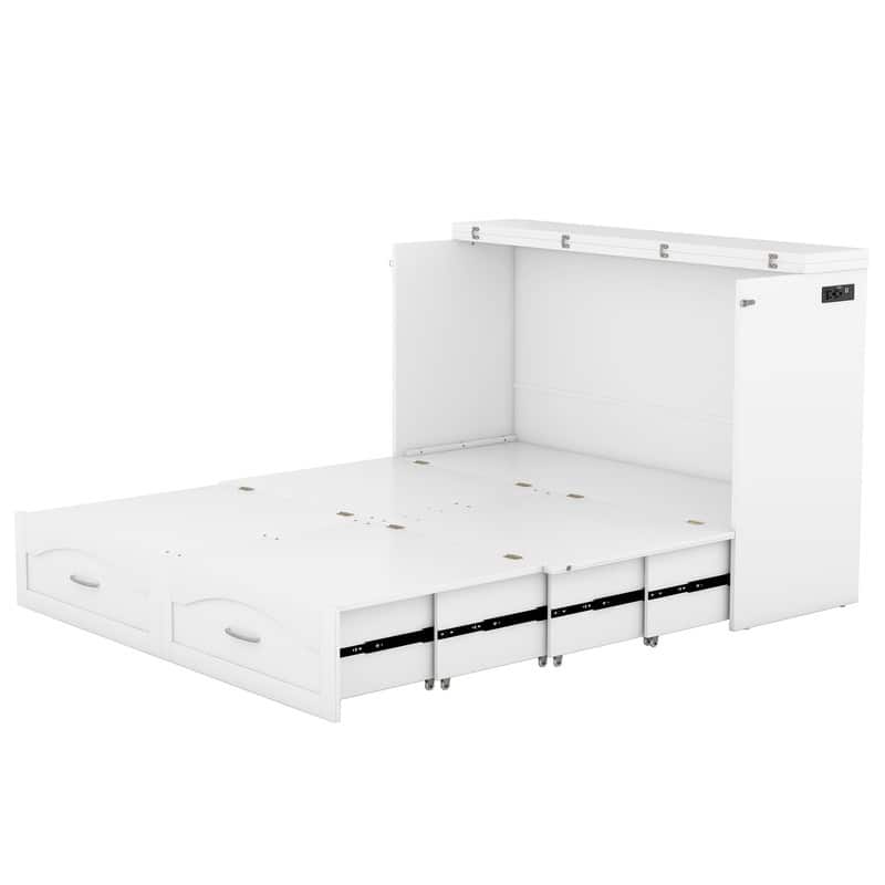 White Queen Size Murphy Bed Wall Bed with Sockets and USB ports, for