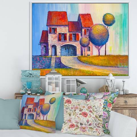 Designart "House With Red Roof In The Village" Modern Framed Canvas Wall Art Print