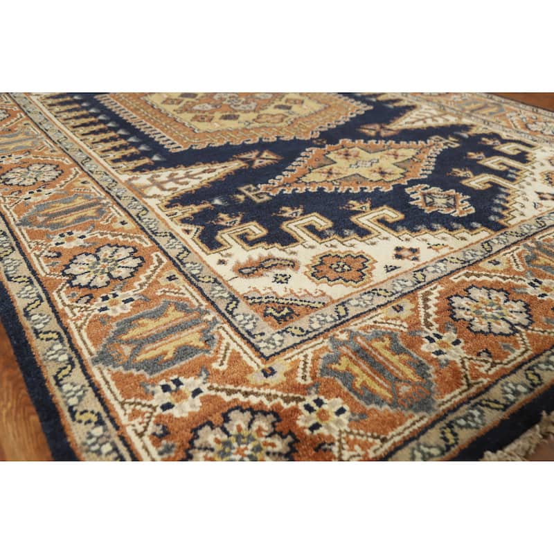 Geometric Navy Blue Viss Indian Area Rug Handmade Wool Carpet - 5'10" x 8'10" - Blue - 5'10" x 8'10"