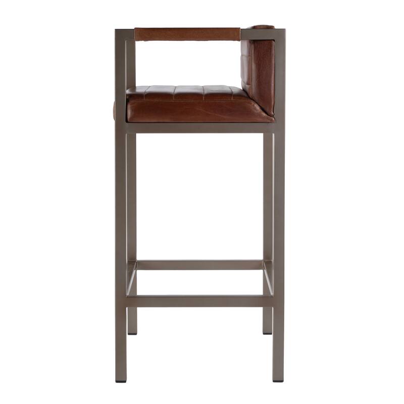 Dennis 31 in. Seat Height Leather and Iron Accent Stool with Low Back