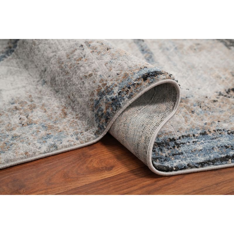 Machine Made Oriental Polyester Carpet Geometric Greys & Charcoal Distressed Area Rug - 7' 5'' X 5' 2''