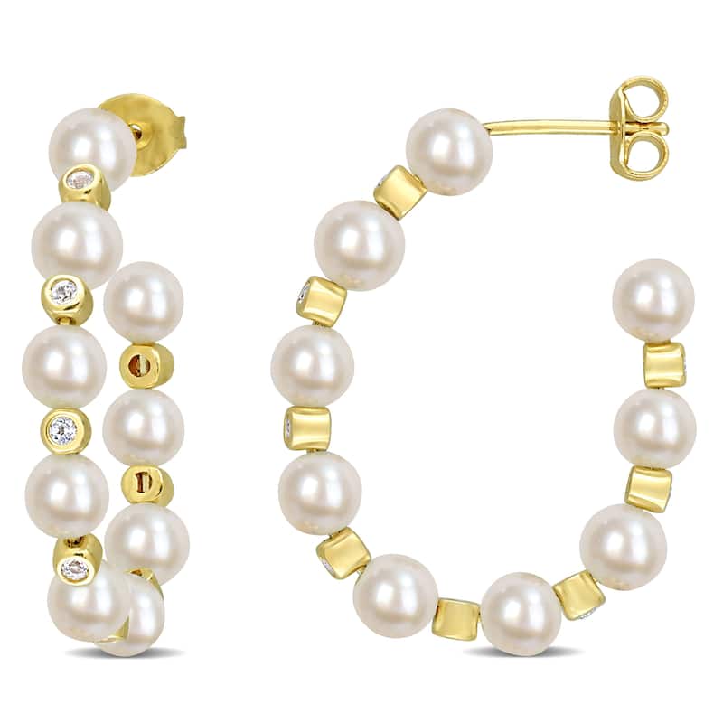 Miadora 4.5-5mm Cultured Freshwater Pearl and 1/2ct TGW White Topaz Beaded Hoop Earrings in Yellow Silver