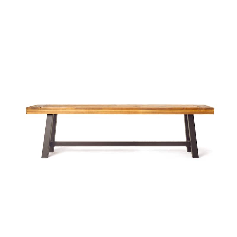 Leslee Outdoor Bench Set of 2, Light Brown Wood, Black Metal, 63 Inch