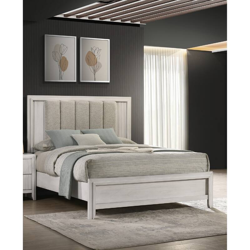 Queen Size Upholstered Bed with Plush Headboard in Mist White Finish