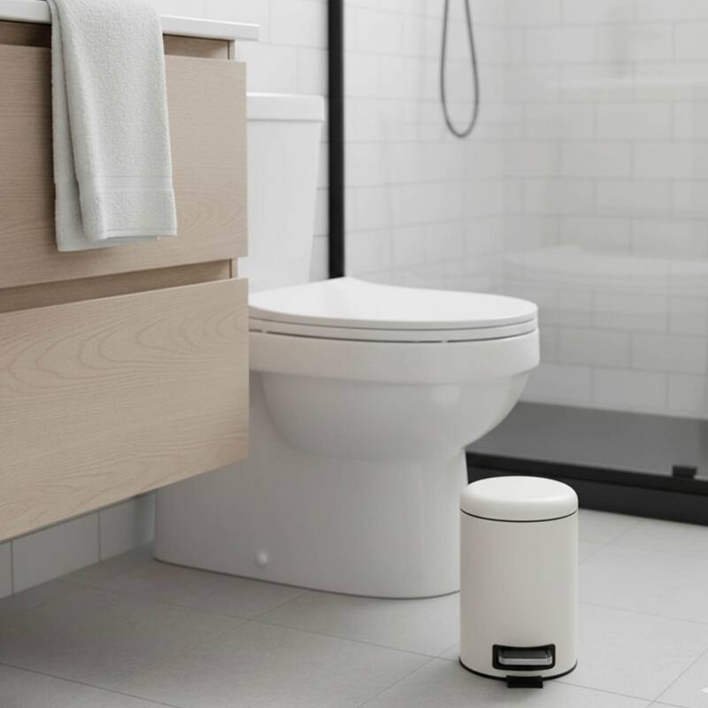 Evideco Soft Close Small Round Metal Bathroom Floor Step Trash Can White - 3 liters - 0.8 gal.