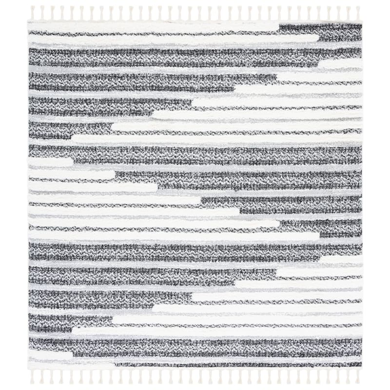 SAFAVIEH Moroccan Tassel Shag Elvia 2-inch Thick Rug - 6'7" Square - Dark Grey/Ivory