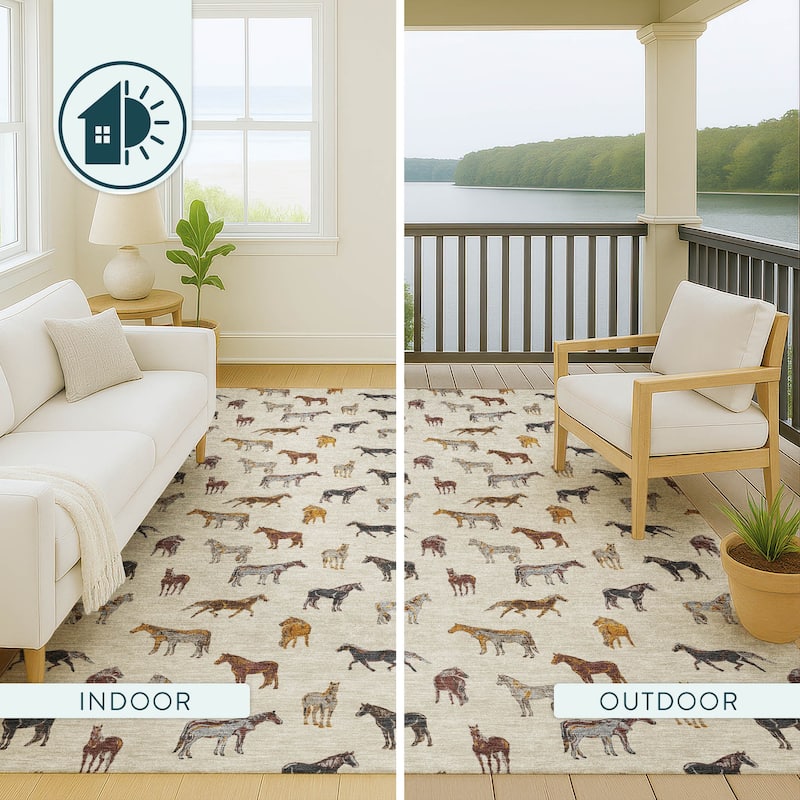 Machine Washable Indoor/ Outdoor Horses Chantille Rug