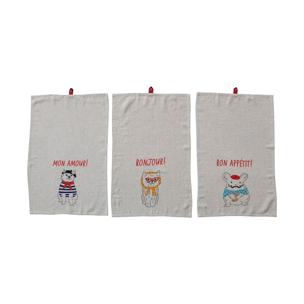 Linen Blend Tea Towel Set with French Text - 28.0"L x 18.0"W x 0.3"H