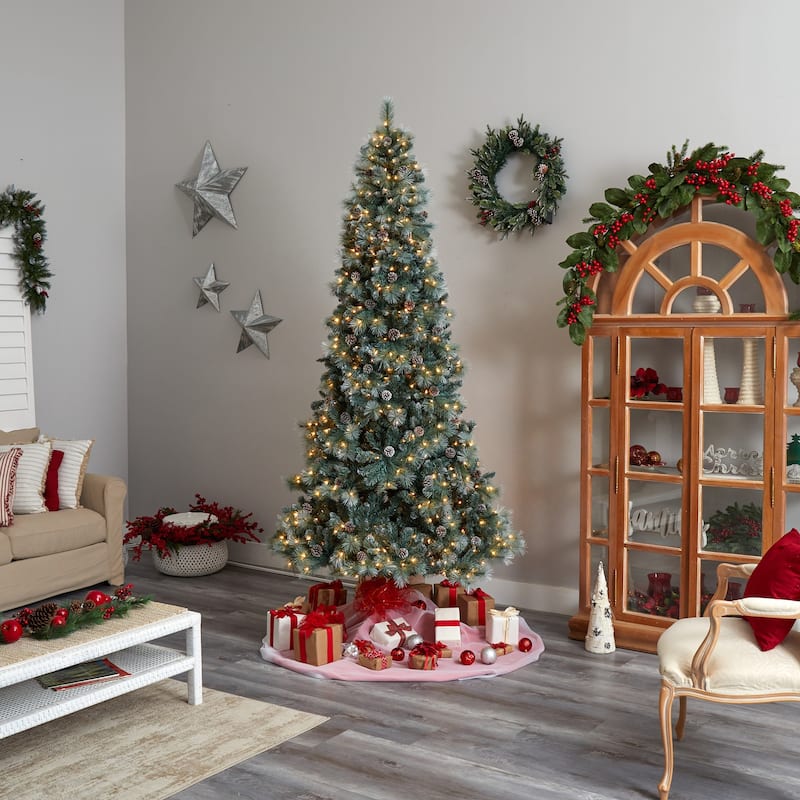 9ft. Frosted Tip Pine Artificial Christmas Tree with 700 Clear Lights, Pine Cones & 1512 Branches - Stunning X-Mas Display