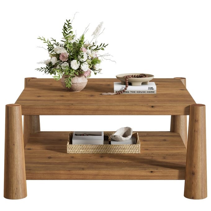 34" Square Solid Wood Coffee Table, Rustic Living Room Center Table