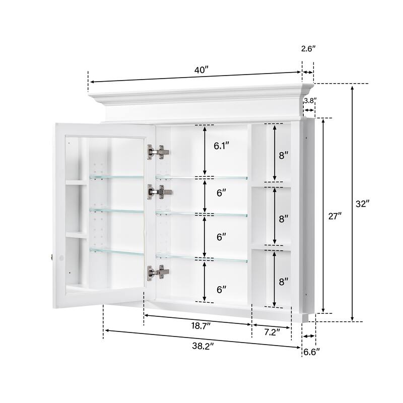 32''H Recessed Mount Solid Wood Framed Medicine Cabinet With Mirror And Shelves