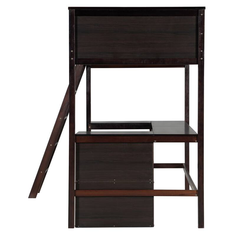 Space-Saving Twin Loft Bed with Shelves, Desk, and Guardrails