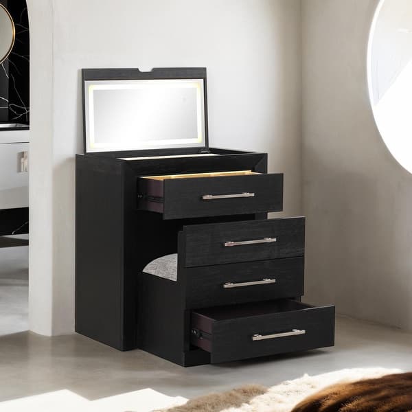 black dresser vanity Furniture of America Alaric Modern Wood Set with Storage Stool while 3 lighting modes