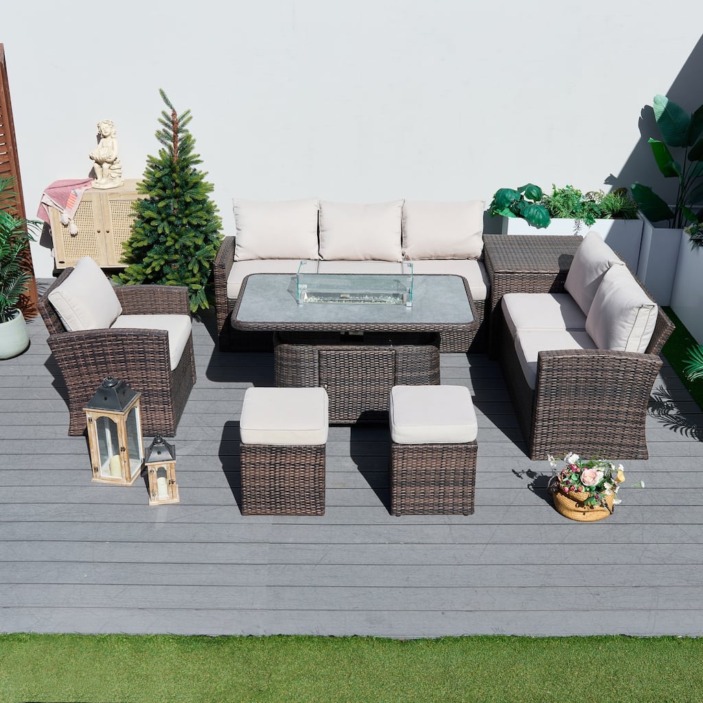 7-Piece Outdoor Wicker Patio Sofa Set with Adjustable Fire Pit Table and Storage Box