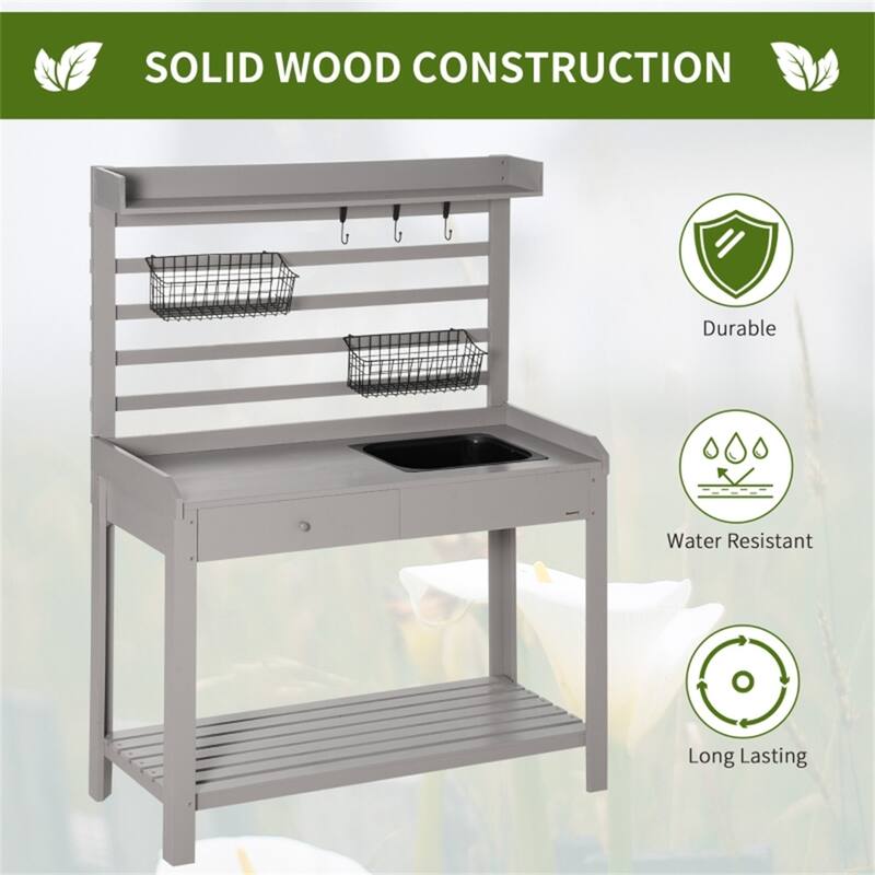 Grey Fir Wood Potting Table with Removable Sink Storage Drawer and Hooks Hanging Baskets - 42.25" L x 18" W x 56" H