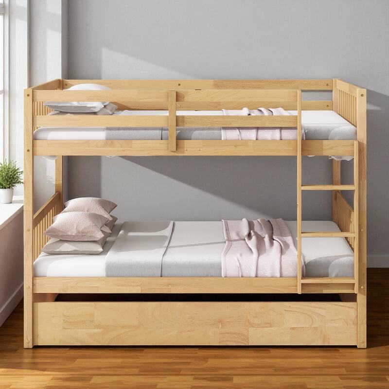 Full Over Full Rubber Wood Bunk Bed with Trundle, Convertible into Two Full Beds, Ladder and Guardrails Included
