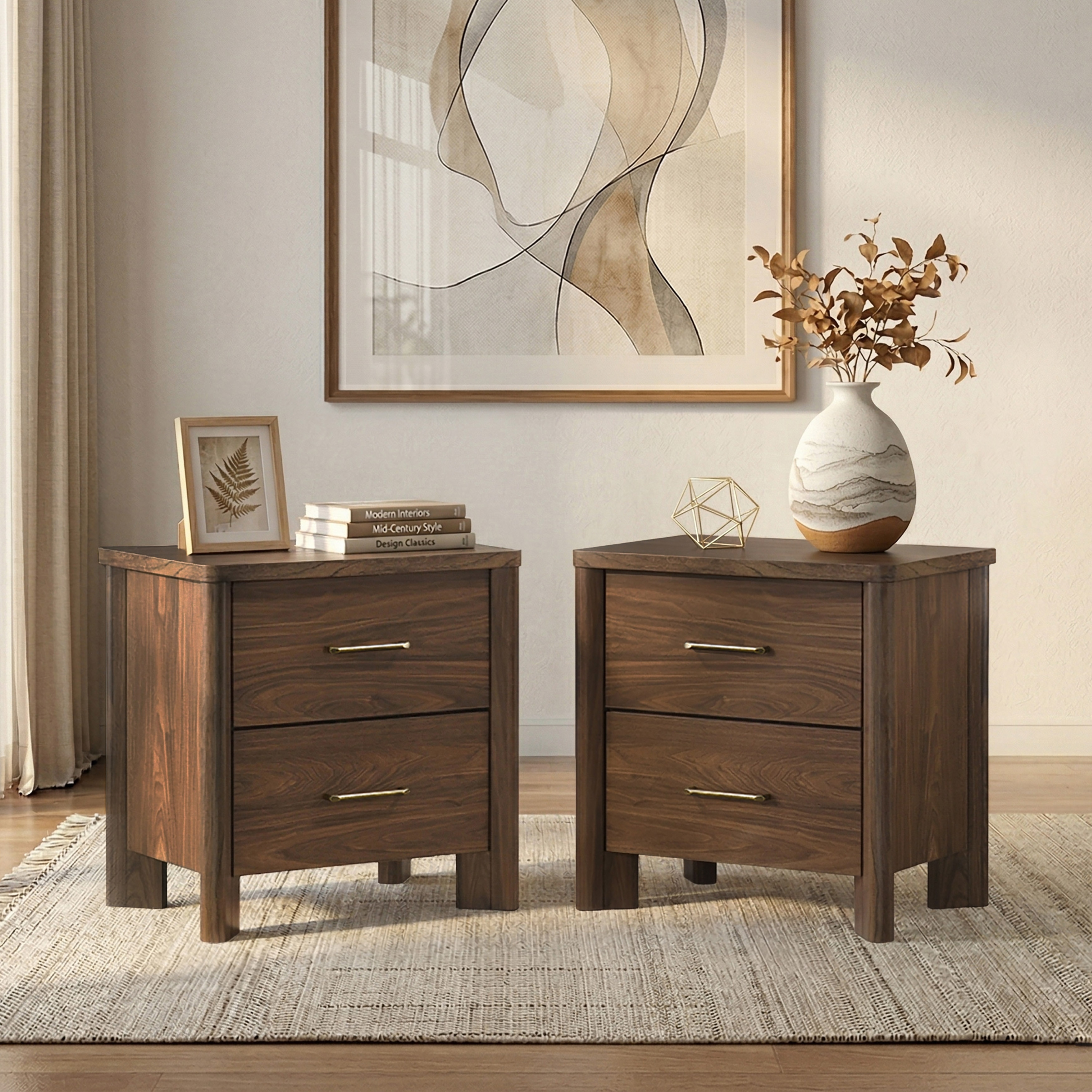 Furniture of America Elira Mid-Century Modern Walnut Wood 2-Drawer Nightstand with USB Ports (Set of 2)