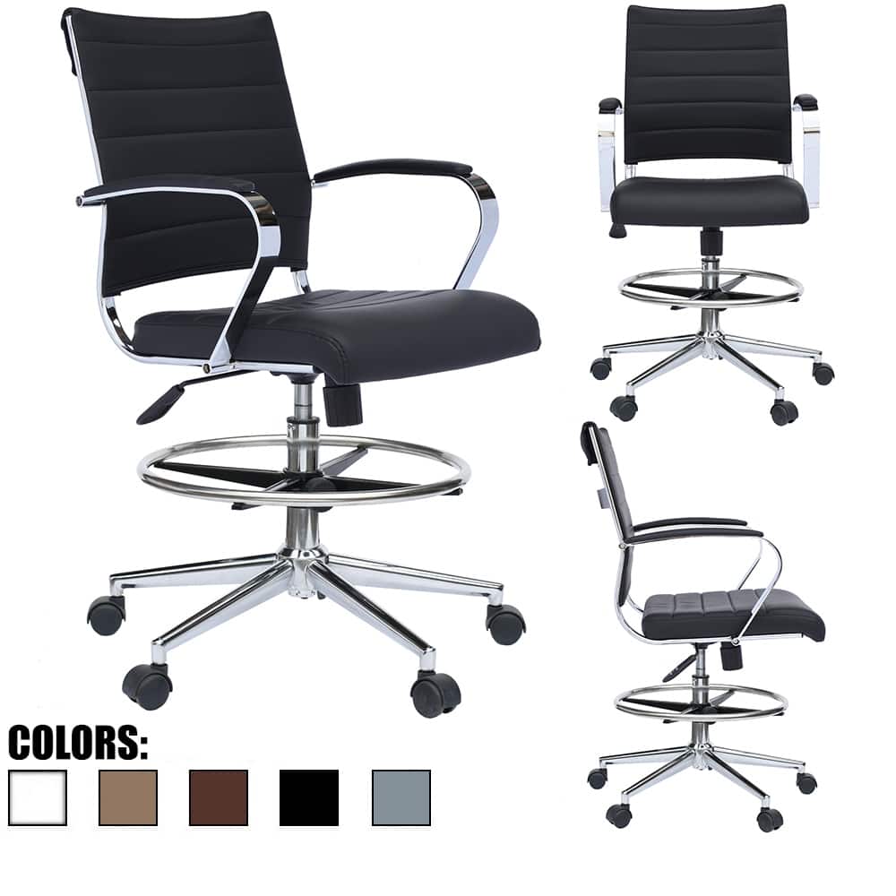 Modern Office Mid Back Drafting Chair Stools With Arms Tilt Wheels PU Leather Swivel For Work Office Standing Desk