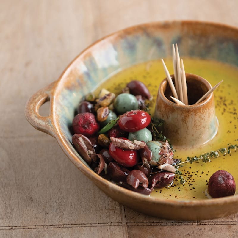 Stoneware Dish with Toothpick Holder, Reactive Glaze, Brown (Each One Will Vary)