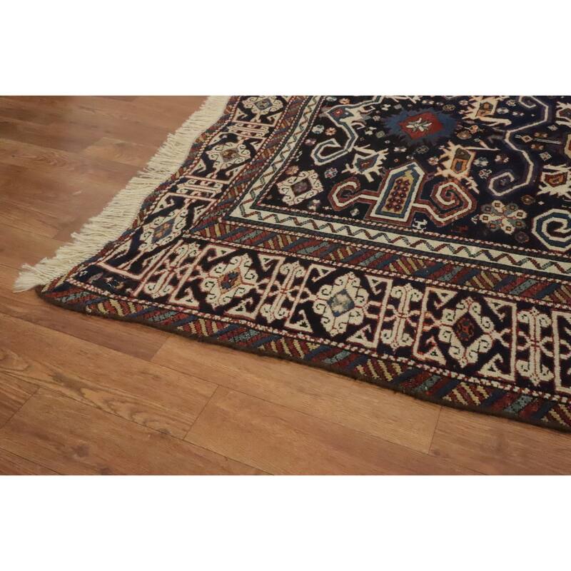 Hand Knotted Oriental 100% Wool Carpet Traditional Tribal Navy Blue & Blues Kazak Runner Rug - 8' 11'' X 4' 5''