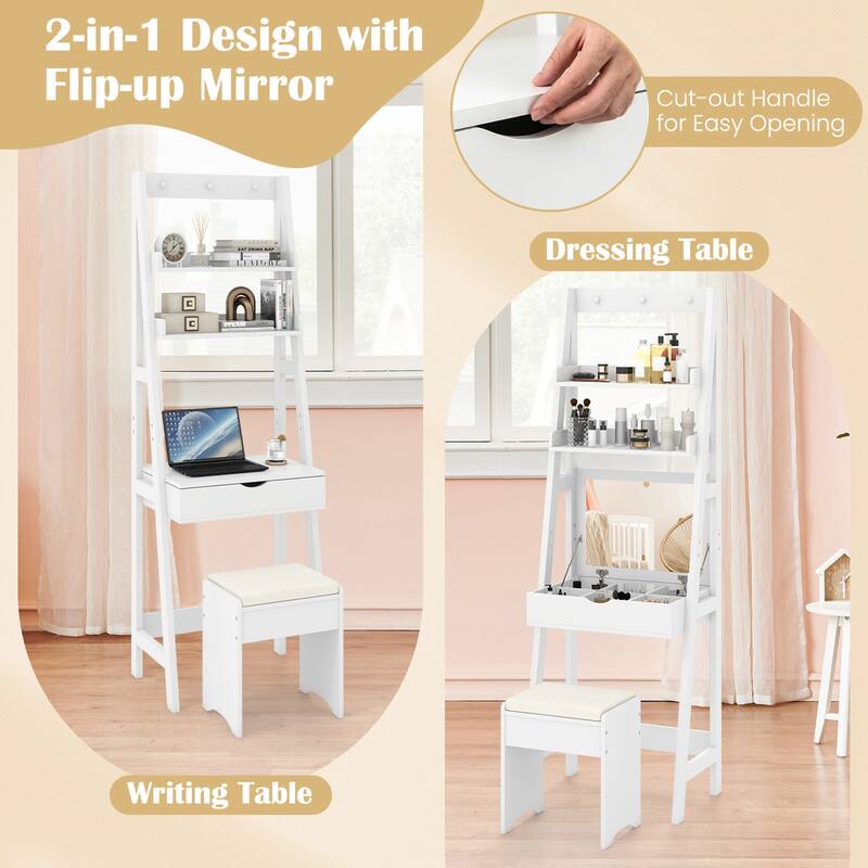 Gymax Vanity Desk w/ Flip-up Mirror and Stool w/ 3-Color Lighting 6