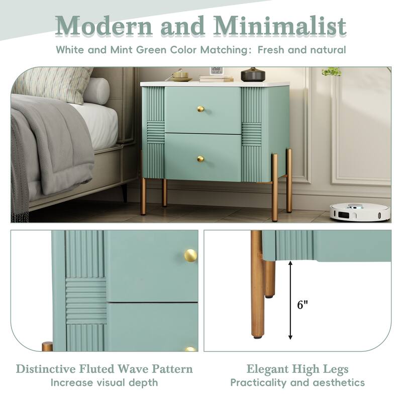 Modern Fluted Nightstand with 2 Drawers, Golden Metal Handles, High Legs, Multi-Scene Use, Easy Assembly, Green