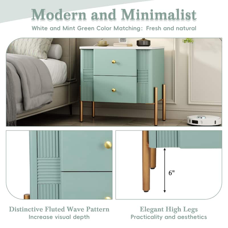 Modern Nightstand with 2 Storage Drawer, Fluted Bedside Table with Golden Metal Handles and Legs