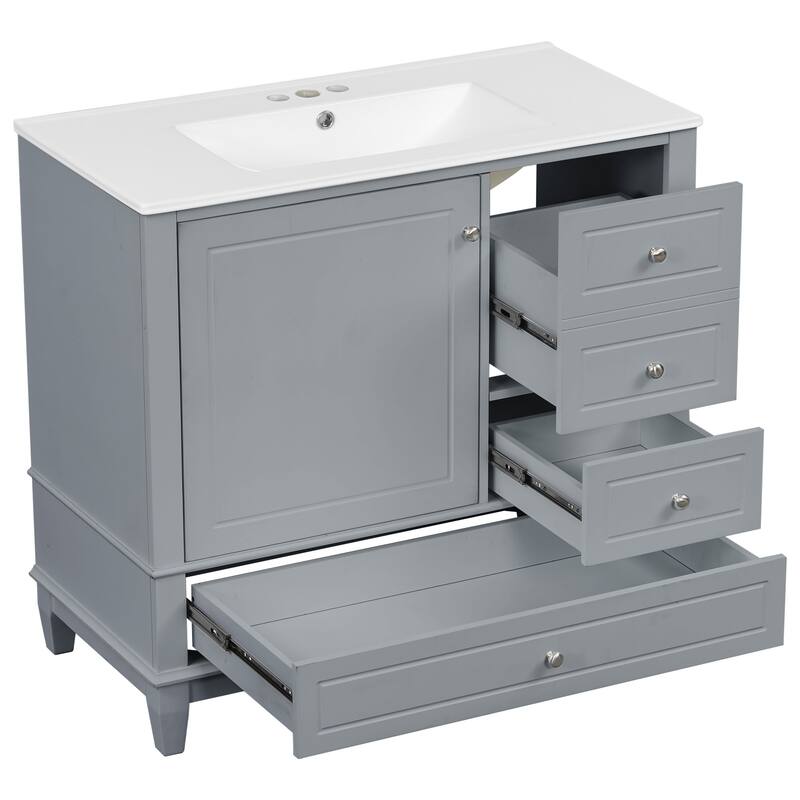 36"Bathroom Vanity with Ceramic Sink, 3 Drawers & Cabinet with Shelves, Freestanding Vanity Cabinet with 4-Inch Faucet Holes