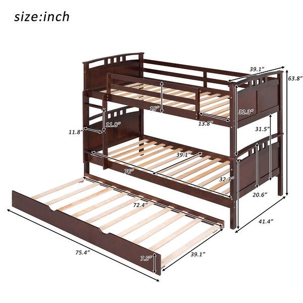 dimension image slide 2 of 3, Twin Over Twin Pine Bunk Bed with Twin Size Trundle, Equipped with Stairs and Safety Barriers