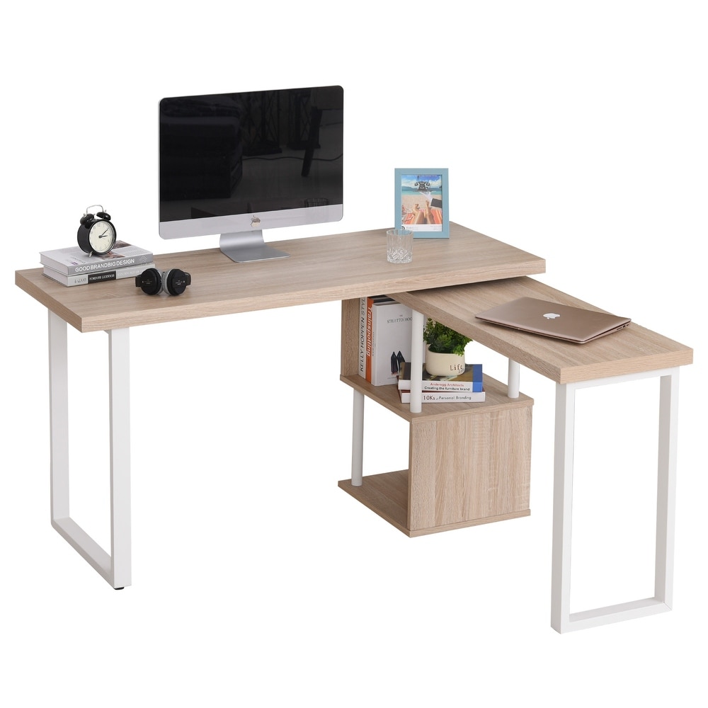 Overstock HOMCOM L-shaped Computer Desk with 360-degree Rotation, Storage Shelf, Oak (Wood Finish - Oak)