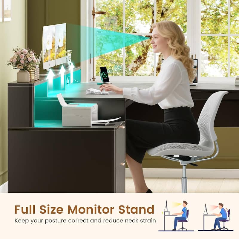 66" L Shaped Desk Drawers Home Office Desk File Cabinet Executive Desk